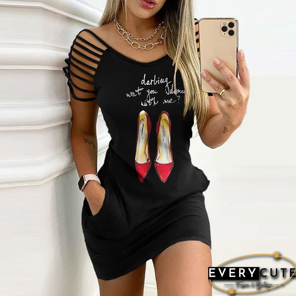 Elegant Rose Print Pocket Mini Dress Women Summer Casual O-Neck Short Sleeve Party Dress Lady Sexy Hollow Out Dress Vestido