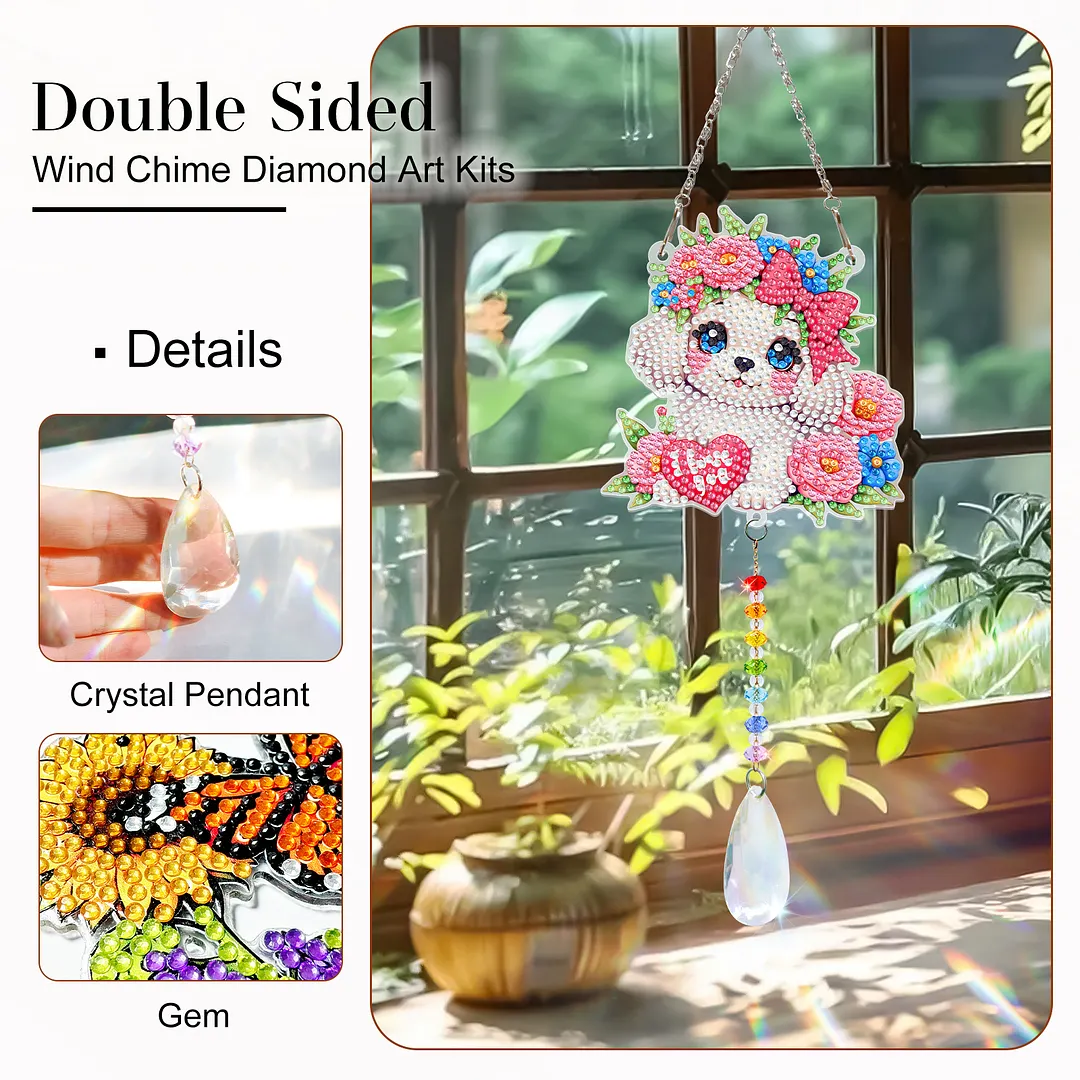 2Pcs Dog DIY Acrylic Diamond Painting Art Wind Chimes with Crystal Pendant Diamond Art Hanging Pendant Double-Sided for Adults Beginners Gift Home Garden Decor