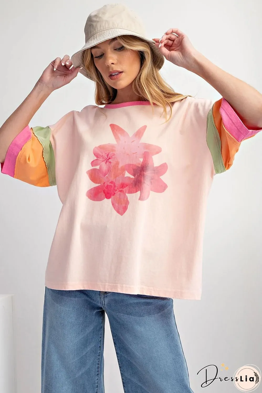 Pink Flower Color Block Half Sleeve Loose T Shirt