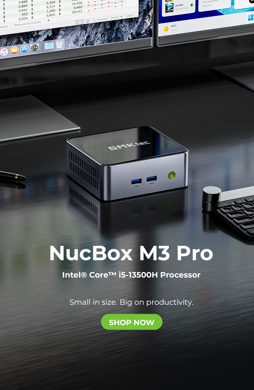 GMKtec NucBox M3 Pro на чорному столі з аксесуарами