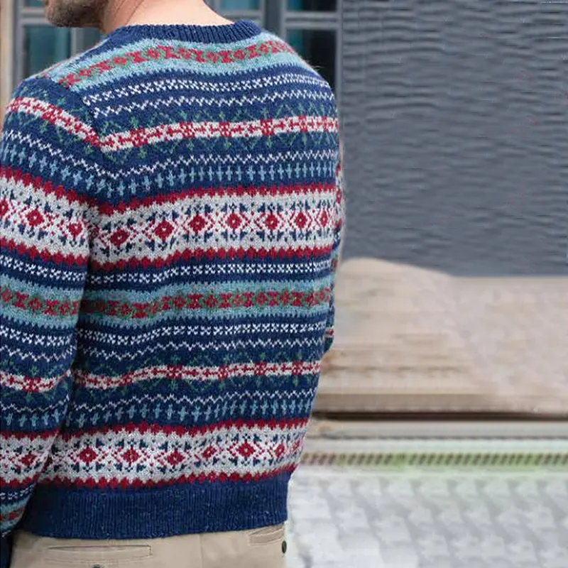 Vintage Warmth  Knit Jacquard Icelandic Crew Neck Sweater