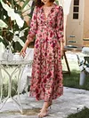 Floral Print V-Neck Loose Falbala A-Line Casual Maxi Dress