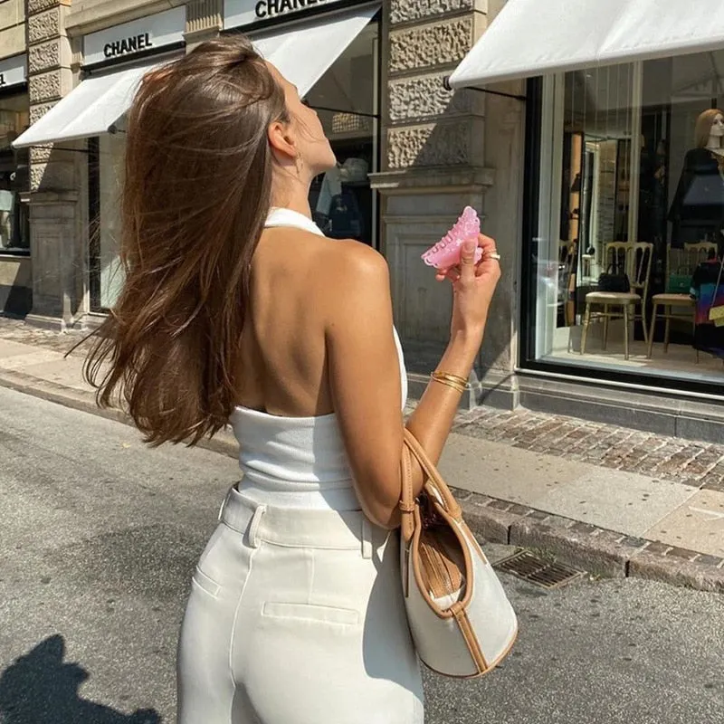 Sexy White Halter Backless Tank Tops for Women Streetwear 2021 Casual Sleeveless Shirts Ribbed Knit Vest Top Cropped Feminino