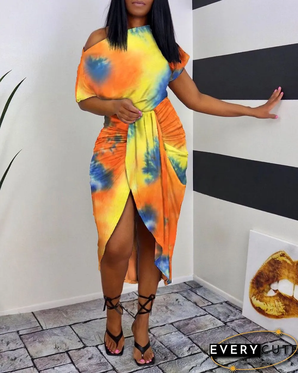 Tie Dye Print One Shoulder Wrap Midi Dress