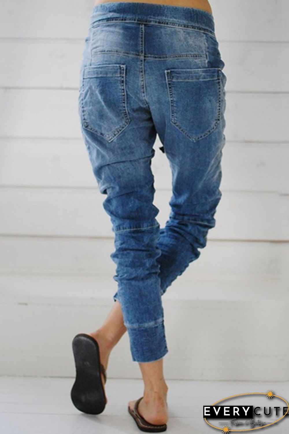 Light Blue Drawstring Elastic Waist Jogger Jeans