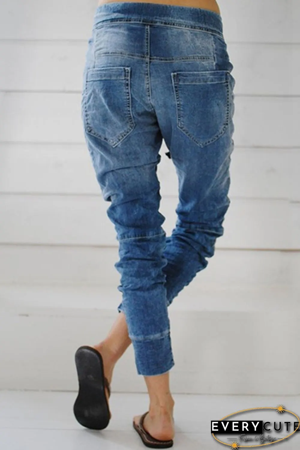 Light Blue Drawstring Elastic Waist Jogger Jeans