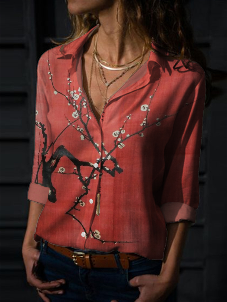 Classy Plum Blossom Japanese Art Flowy Blouse artswardrobe