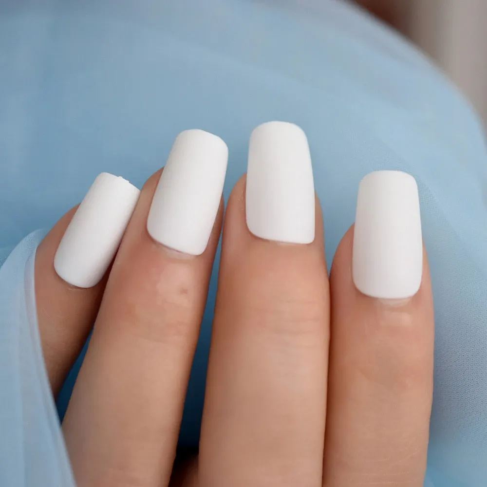 Medium Long Matte Fake Nails White Matt Solid Color Nail Tips Square Acrylic Fignernails 24-Nail Inspo
