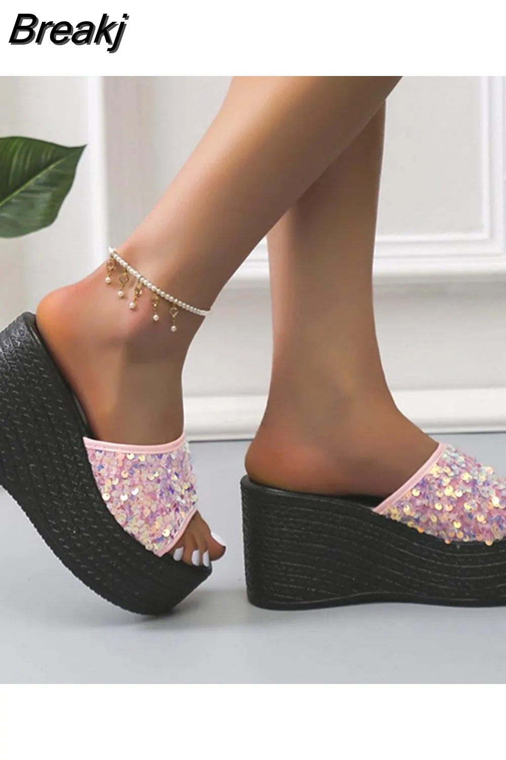 Breakj Wedge High Heeled Women Sandals New Arrived 2023 Bling Sequin Lady Slipper Peep Toe Comfort Walk Causal Sandals Plus Size