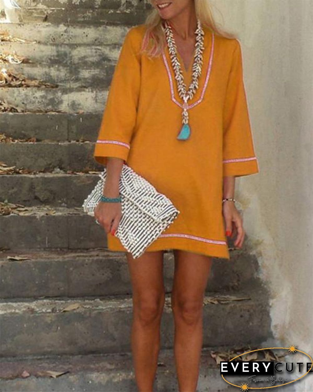Bohemian Solid 3/4 Sleeve Casual Mini Dress