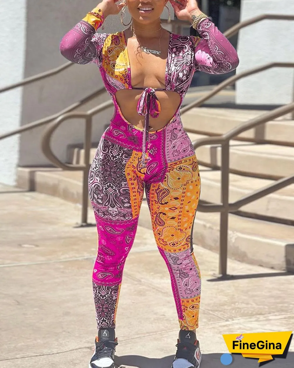 Paisley Print Tie Front Cut-Out Pencil Jumpsuit