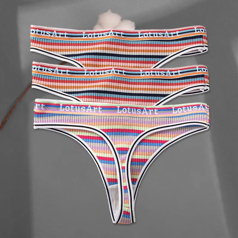FINETOO 3Pcs/set Women Rainbow Thongs M-XL Cotton Panties Comfortable Striped T-Back Underwear Ladies Soft G-string Lingerie New