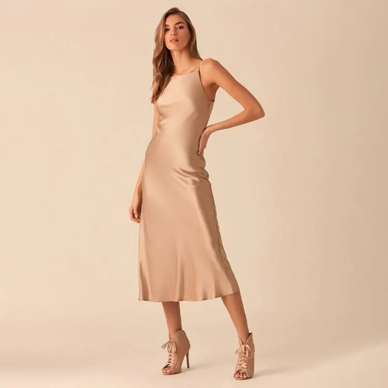 2020 Summer women Satin Slip Sexy Backless Spaghetti Strap Dress  Shiny Sundress Sleeveless Dress Slim Female Retro Prom Dress