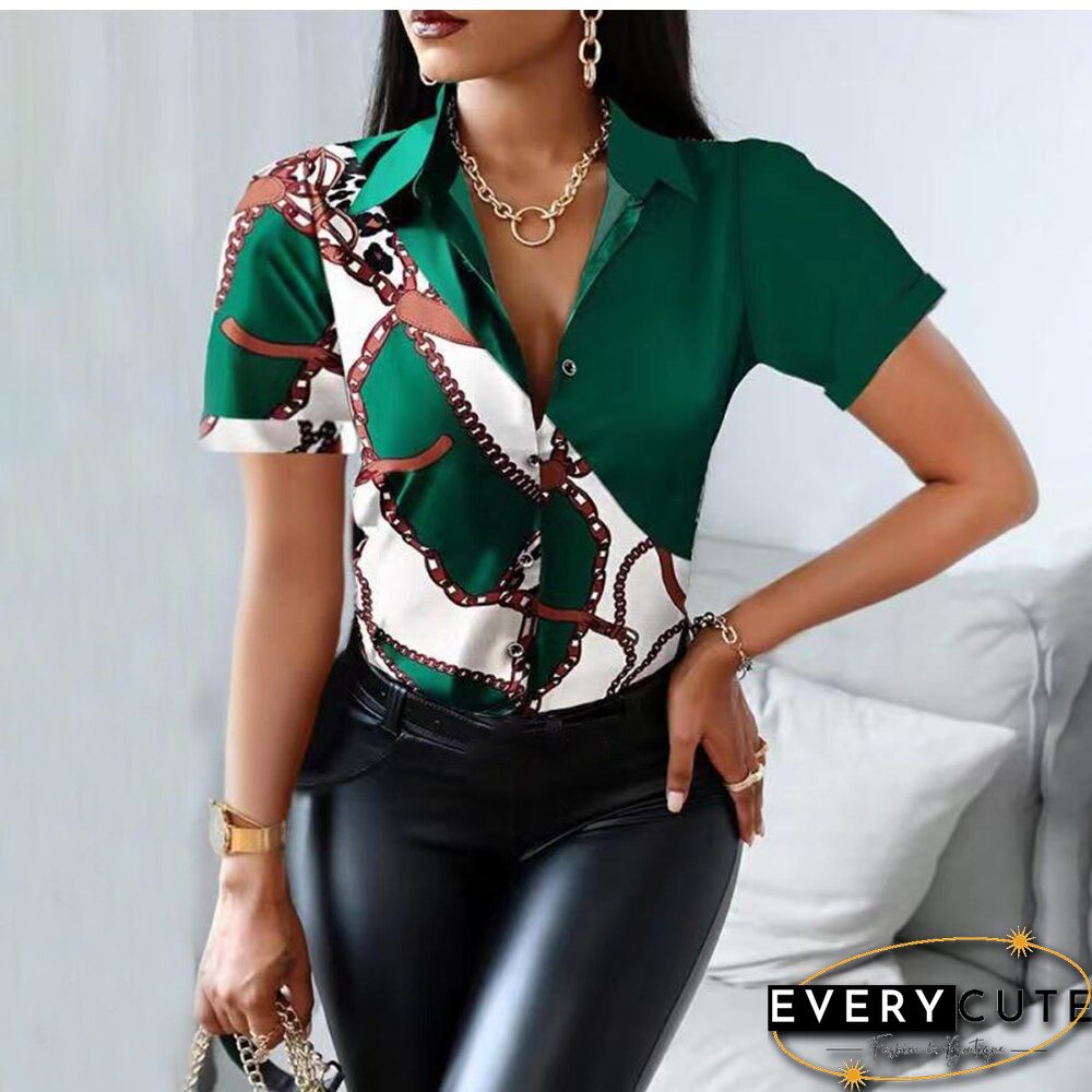 Summer Women Black Floral Print Top Shirt Fashion Casual Short Sleeve Turn-down Collar Tops Shirts New Elegant Slim Button Shirt