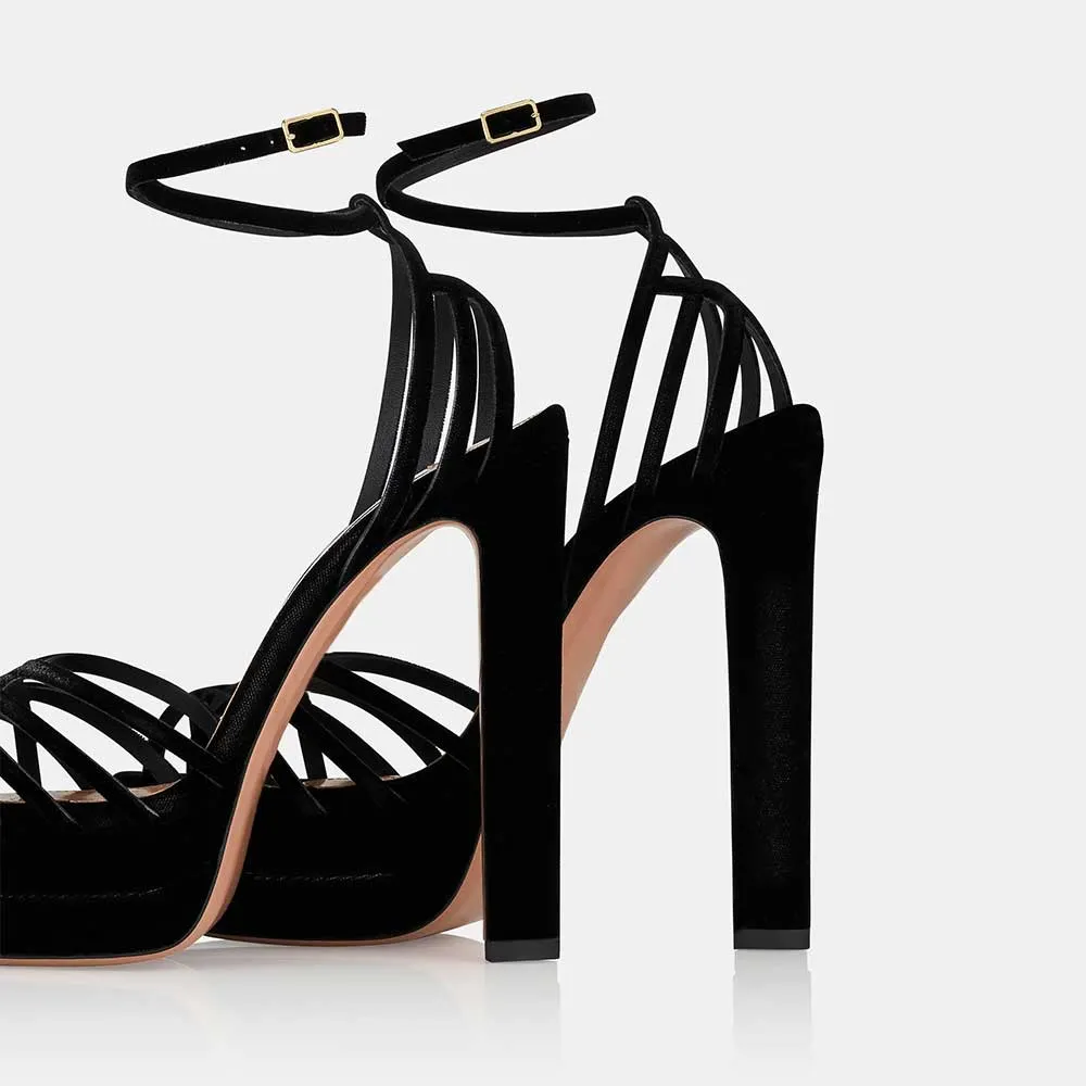Peep Toe Chunky Heel Cross Ankle Strap Cage Black Platform Sandals