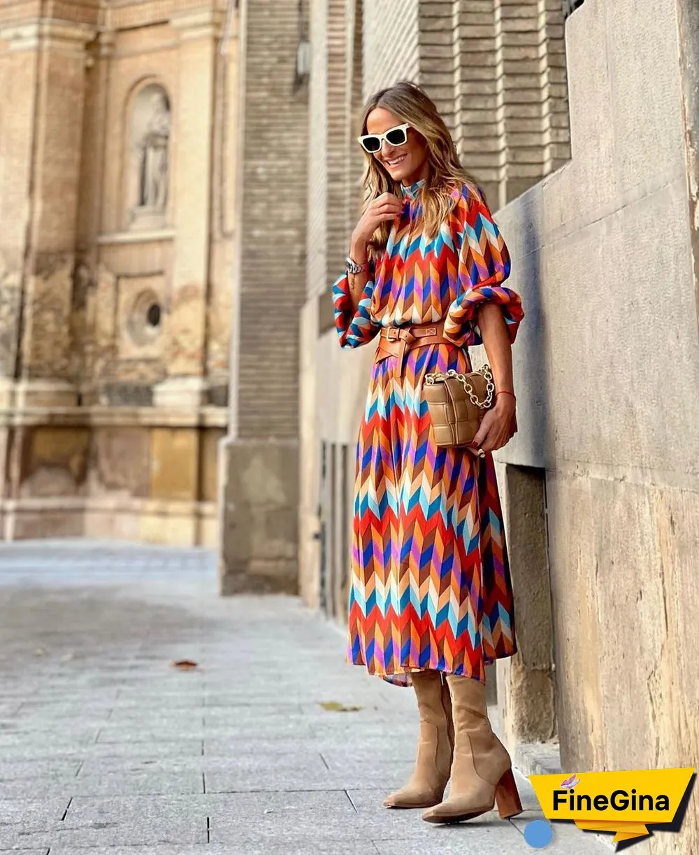 Sleeve Print Waist A-shaped Dress Plus Size Ladies Dress
