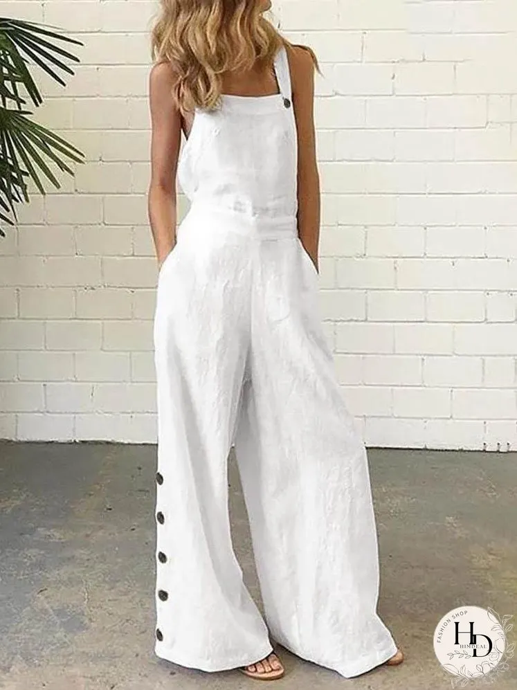 Buttoned Pocket Design Wide Leg Suspender Jumpsuit