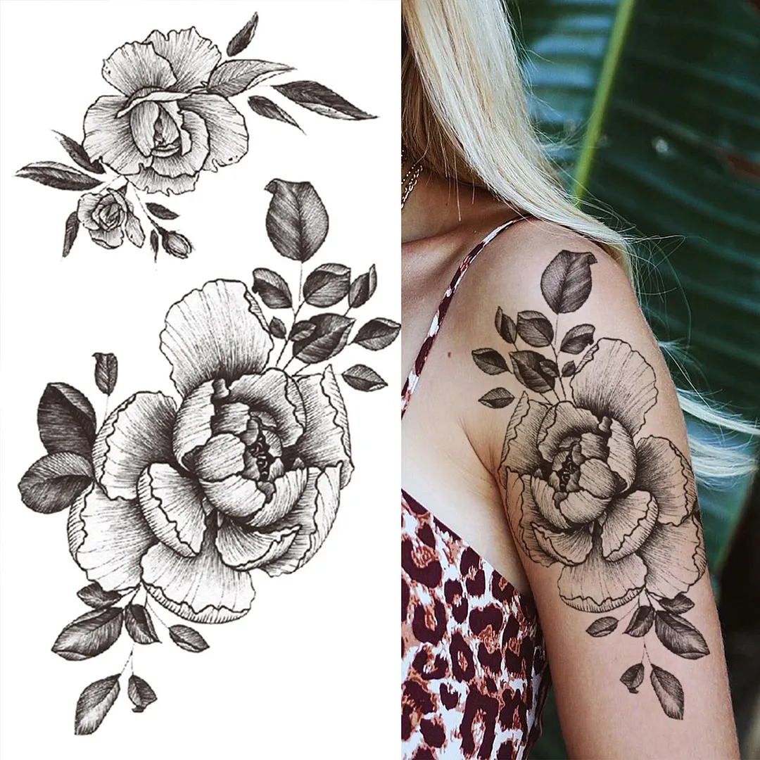 Sdrawing Fake Peony Temporary Tattoos For Women Girl Black Rose Elephant Flower Tattoo Sticker Tiger Anemone Tatoos Half Sleeve 1020-0