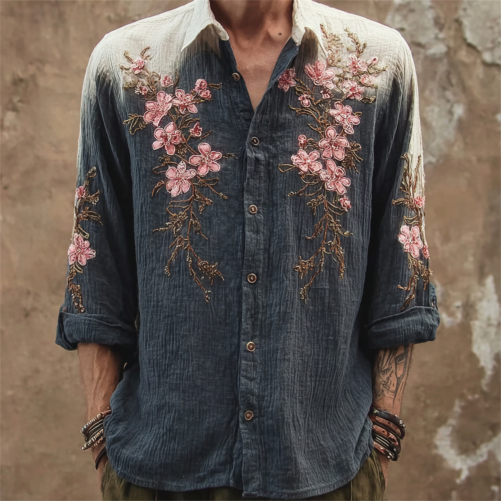 Vintage Boho Floral Art Men's Gradient Linen Long Sleeve Shirt  artssus