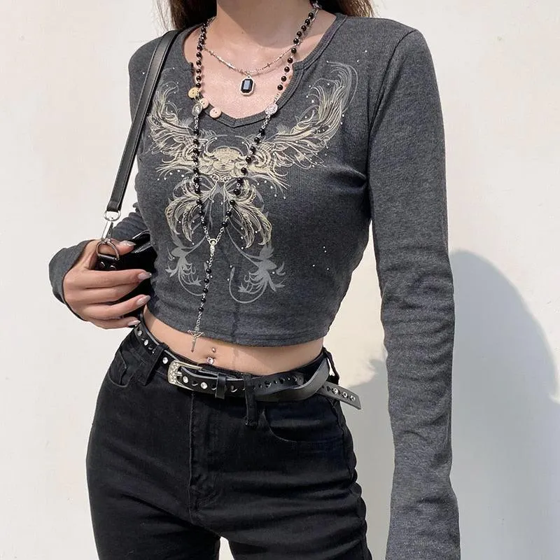Brownm Grunge Butterfly Crop Top