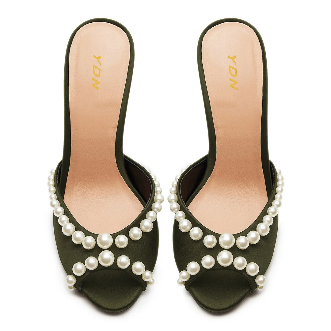 Dark Green Satin Pearl Embellished Stiletto Heel Mules for Women