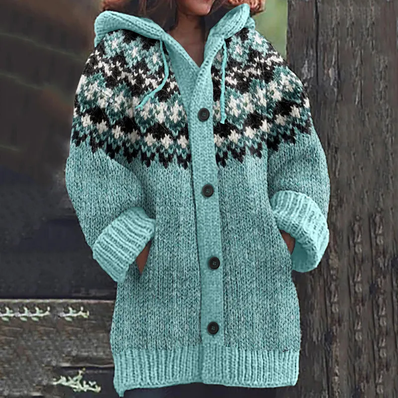 Fairman Island Geometric Contrast Print Hooded Sweater Cardigan