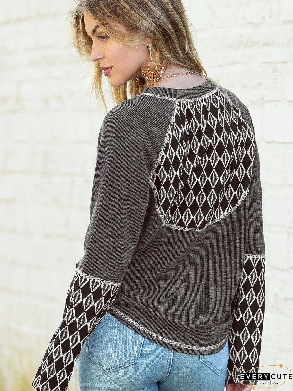 Cozy Gray Aztec Patterned Ribbed Top