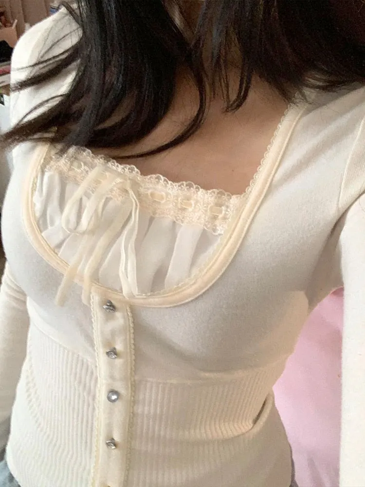 Rapcopter Y2K Sweet Cute Crop Top Lace Frill Bow Pullovers Vintage Square Collar T Shirt Women Skin Button Prepply Korean Tees
