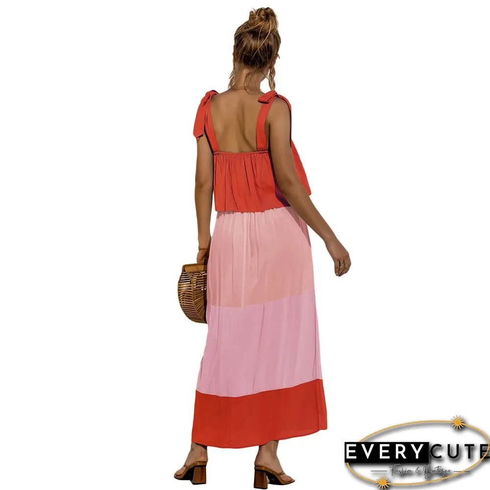 Orange Color Block Ruffle Top Maxi Dress