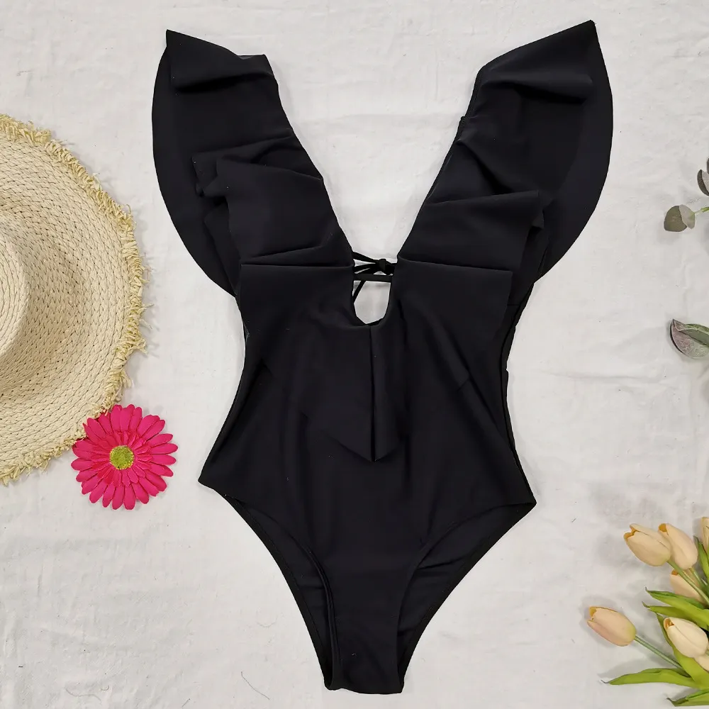 Churchf Printed Flowers Even Lotus Leaf Side Body Swimsuit Women 2025 New Swimsuit Bare Back