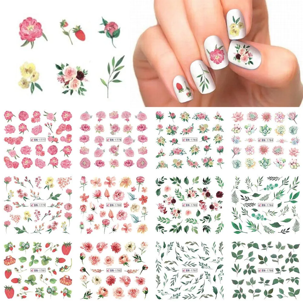 Nail Stickers 12Pcs/Set Water Transfer Flowers Leafs Designs Nail Decal Decoration Tips For Beauty Salons-Nail Inspo