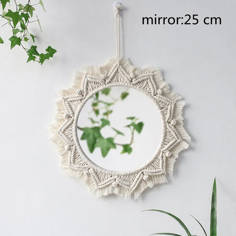 Boho Round Macrame Mirror Makeup Porch Decorative Wall Mirrors Home Decor Living Room Bedroom Christmas Decoration
