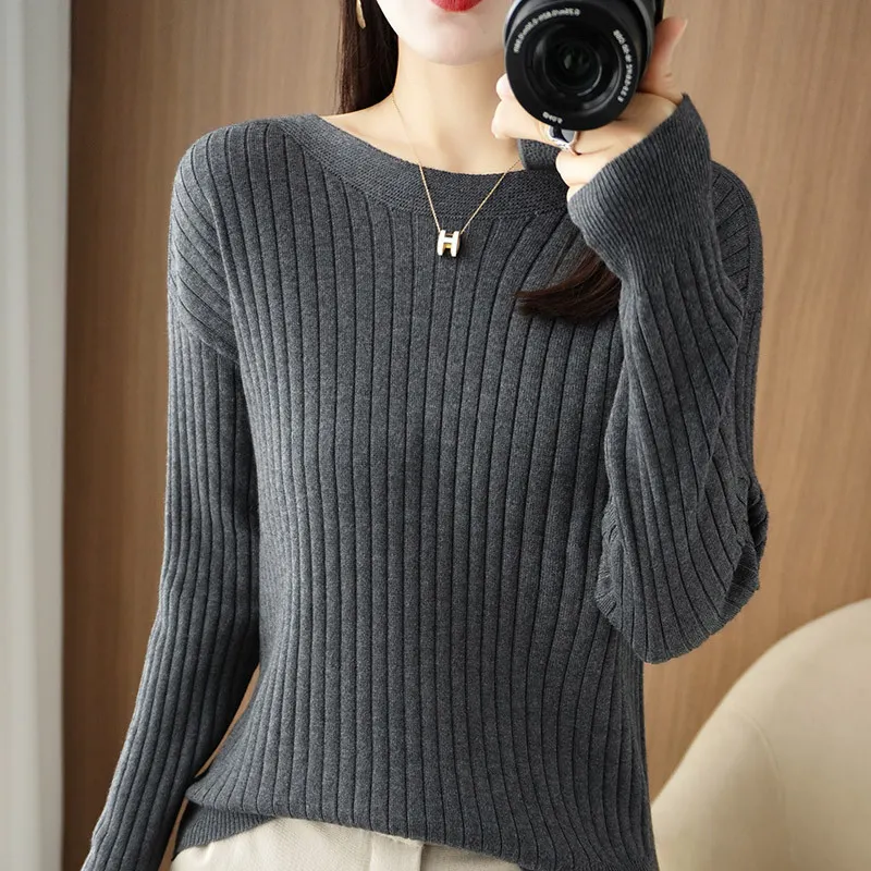 Churchf Churchf Round Collar Knit Women's Thin Early Spring And Autumn With A Sweater Long-Sleeve T-Shirt Wool Undershirt Loose.