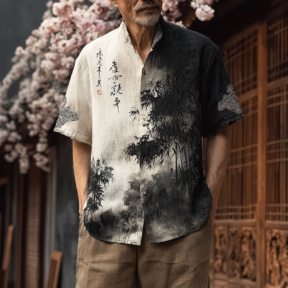 Japanese Art Retro Ink Painting Design Pattern Men's Casual Linen Short-sleeve Shirt elevenforest