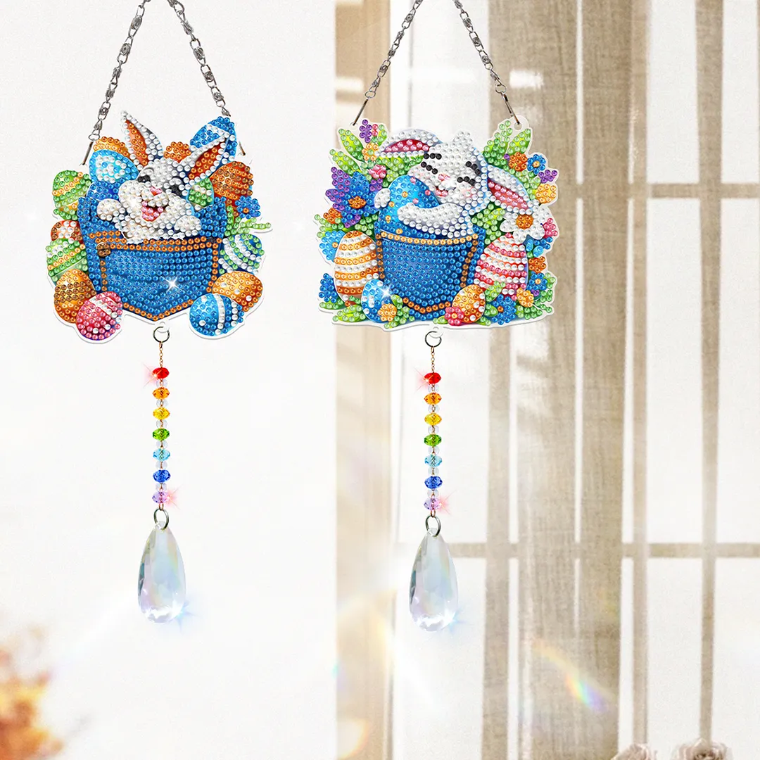 2Pcs Pocket Rabbit DIY Acrylic Diamond Painting Art Wind Chimes with Crystal Pendant Diamond Art Hanging Pendant Double-Sided for Adults Beginners Gift Home Garden Decor