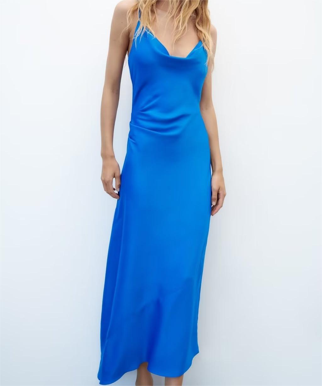 Women Summer Draped Collar Slim Silk Satin Irregular Sexy Suspender Dress