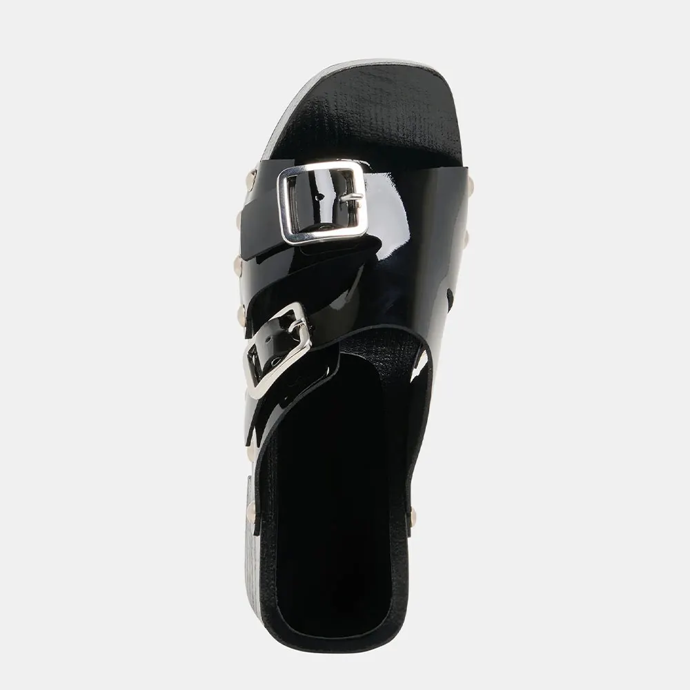 Black Open Toe Studded Slip On Platform Mule Heels with Buckles