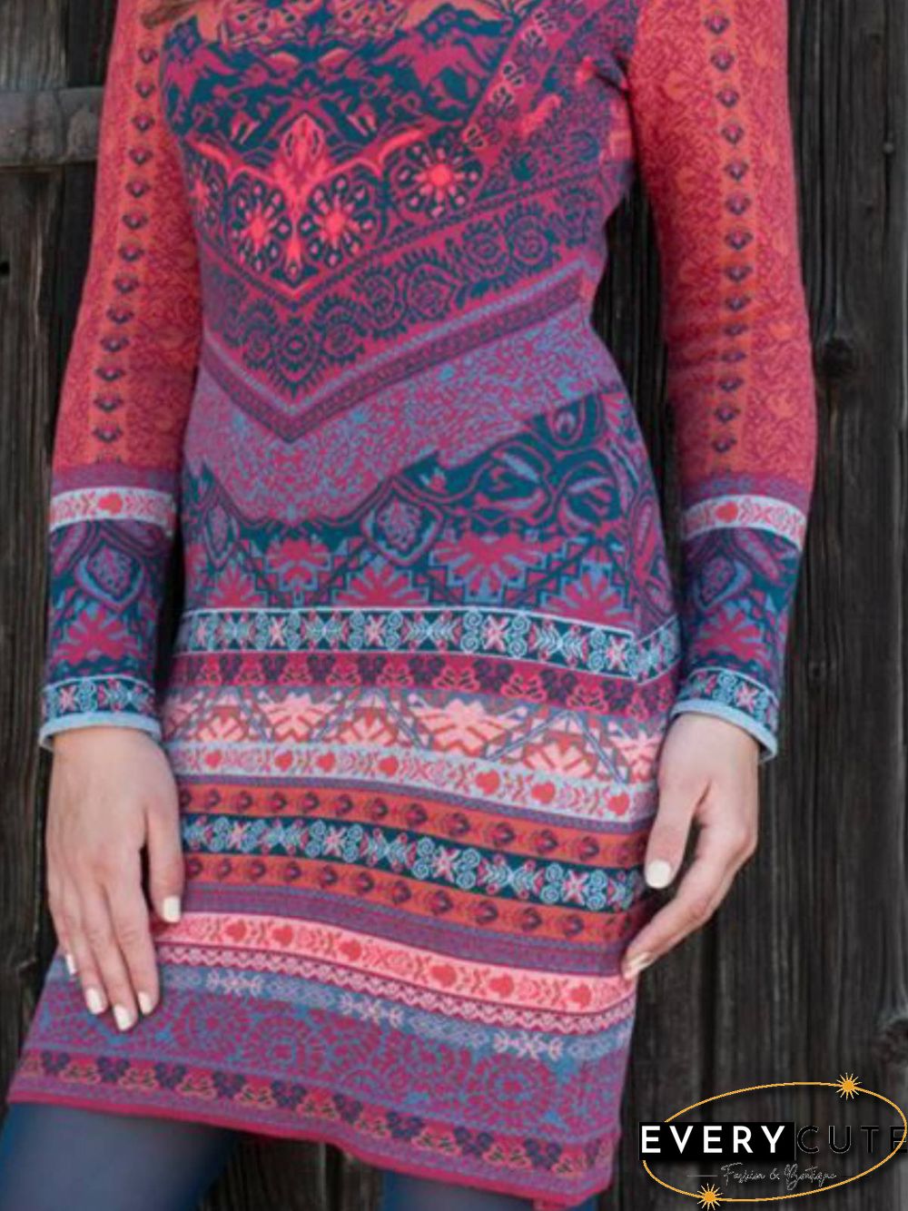 Women Red Long Sleeve Cotton Knitting Dress