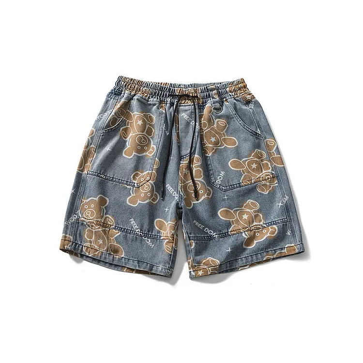 Men Shorts Bear Denim Shorts Male Students Summer Bermuda Shorts Straight Loose Shorts
