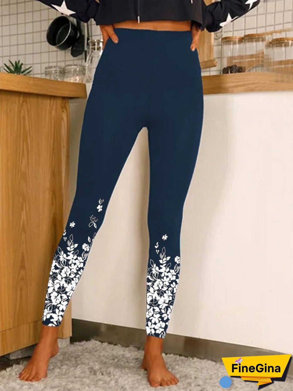 Women Elastic Flower Printed Slim Pants
