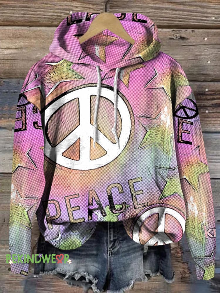 Peace and Love Gradient Print Casual Hoodie Multicolor / S
