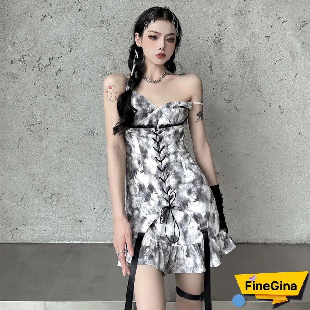 Tie Dye V Neck Drawstrings Sling Dress