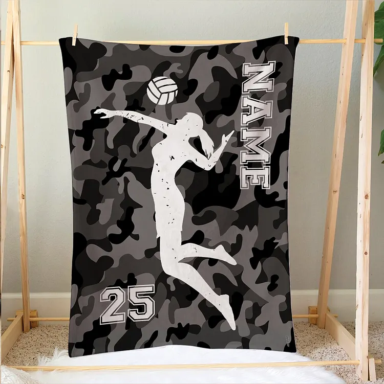 Personalized Volleyball Camo Blanket, Custom Name Number Soft Cozy Blankets | BKKid436