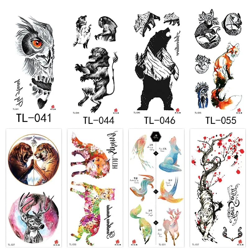 1~8 pieces of animal plants wolf bear bird art tattoo stickers disposable waterproof temporary tattoo stickers for men and women