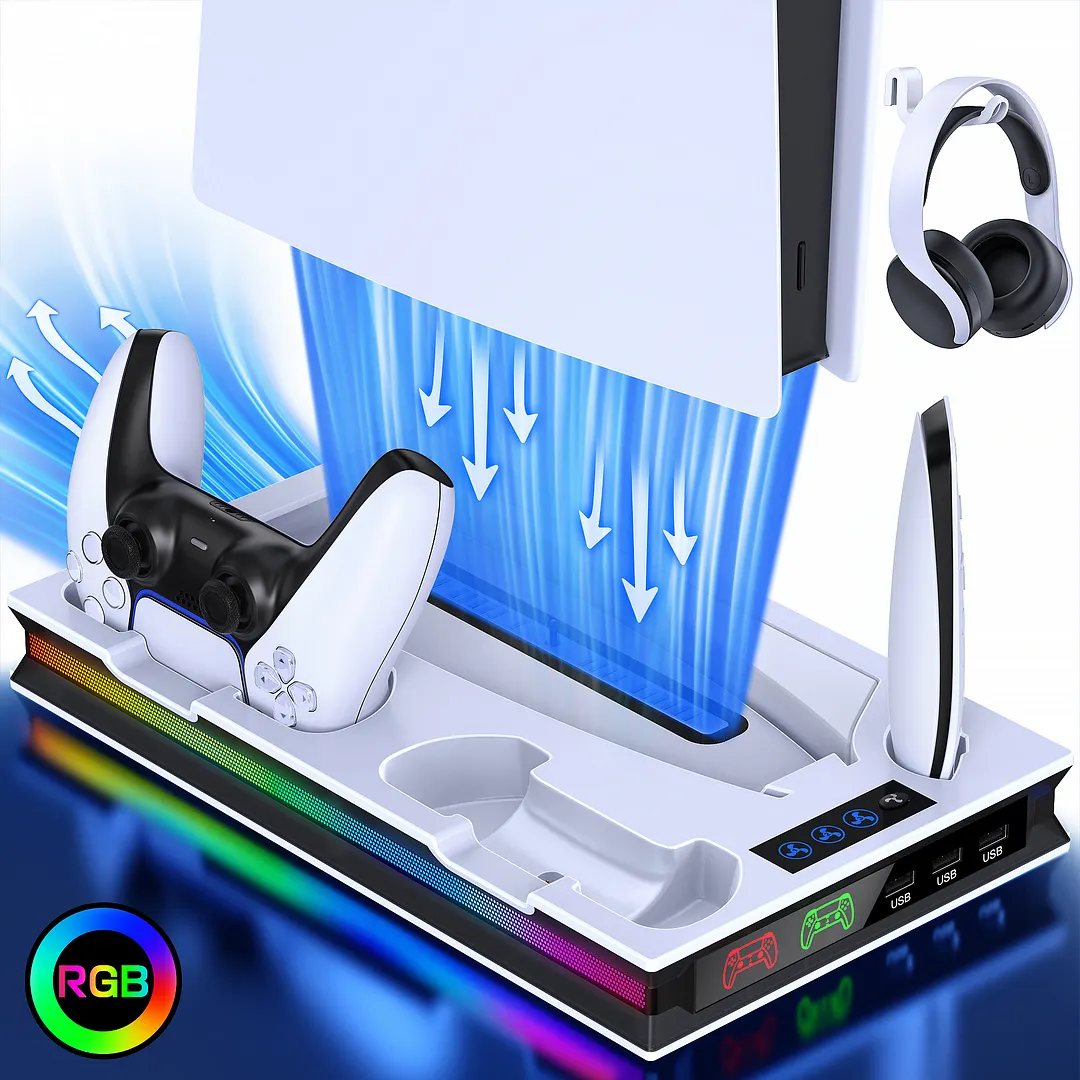 PS5 Stand Cooling Station for 2023 PS5 Slim,DinoFire Dual Fast PS5 Controller Charging Station,PS5 Accessories for Sony 2020 PS5 Digital/Disc Console