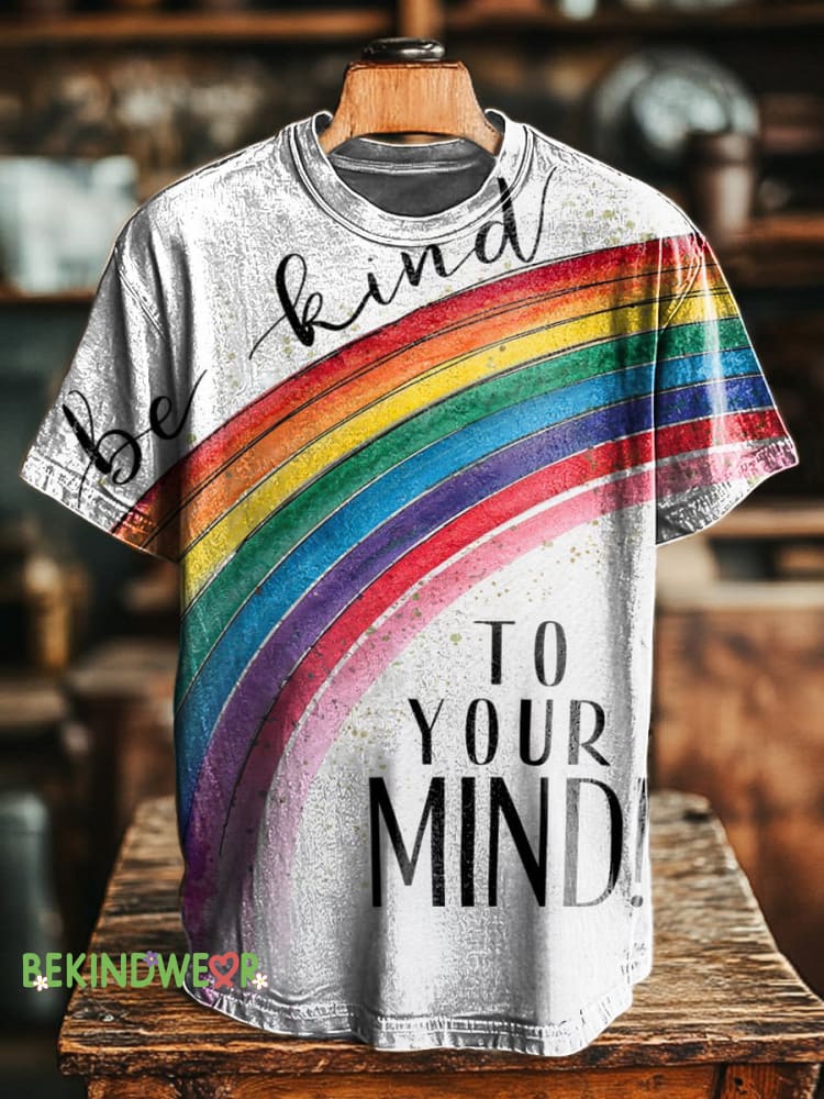 Be Kind To Your Mind Rainbow Print Casual Round Neck Short Sleeve T-Shirt Multicolor / S