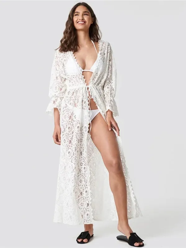 Long Sleeve Lace Split-Joint Lace-Up Vacation Cover-Up Swimwear