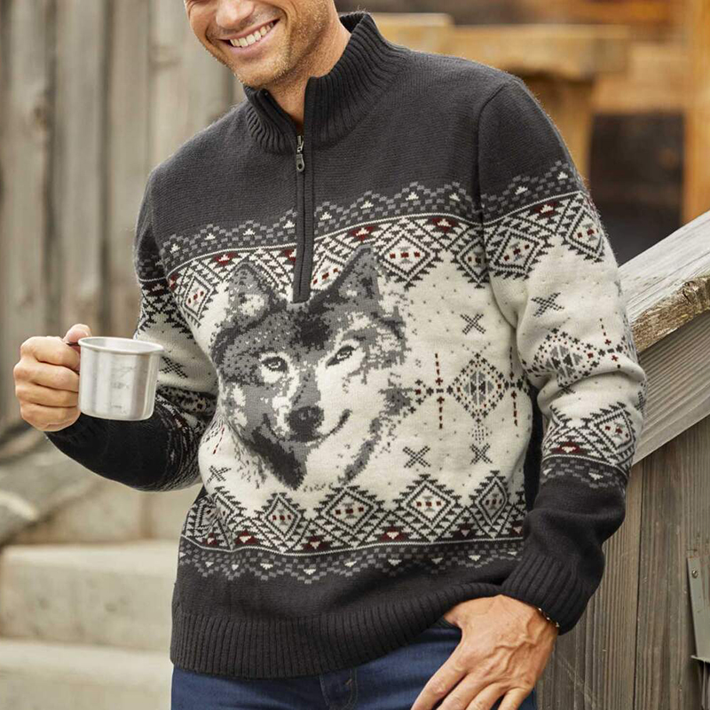 Vintage Wolf Knit Jacquard Icelandic Half Zip Collar Sweater