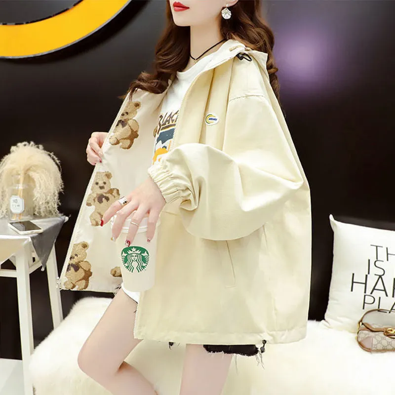 Suofun Casual 2021 New Fashion Print Korean Hooded Double-sided Student Coat Girls' Spring And Autumn Loose Zipper Windbreakers