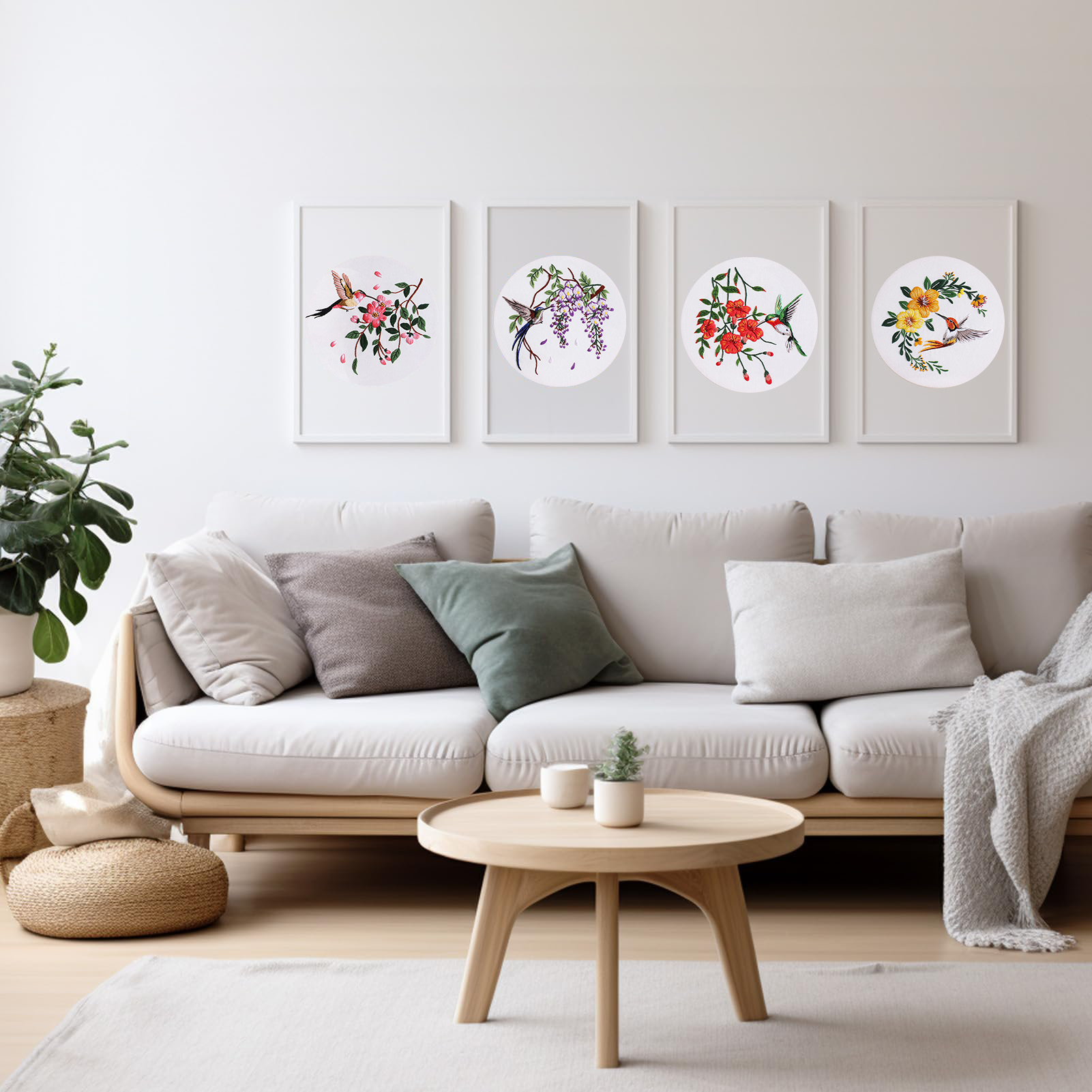 DIY bird embroidery kit featuring colorful hummingbirds and floral designs